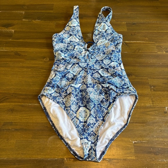 Lauren Ralph Lauren Agean Blue Tile Cutout Swimsuit Ruching Flattering Tummy 10 - Picture 3 of 10